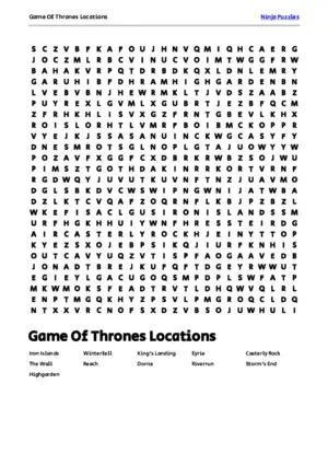 Free Printable Game Of Thrones Locations themed Word Search Puzzle puzzle thumbnail