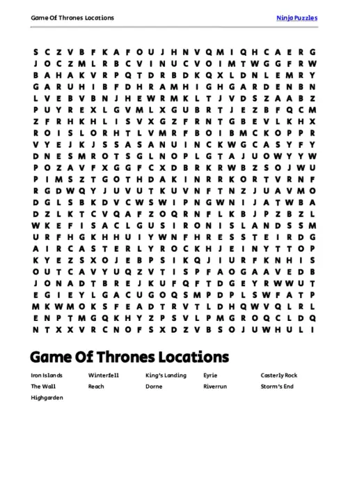 Free Printable Game Of Thrones Locations themed Word Search Puzzle thumbnail
