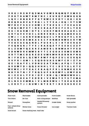 Free Printable Snow Removal Equipment themed Word Search Puzzle puzzle thumbnail