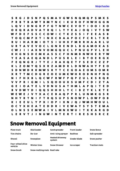 Free Printable Snow Removal Equipment themed Word Search Puzzle thumbnail