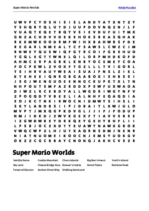 Free Printable Super Mario Worlds themed Word Search Puzzle thumbnail