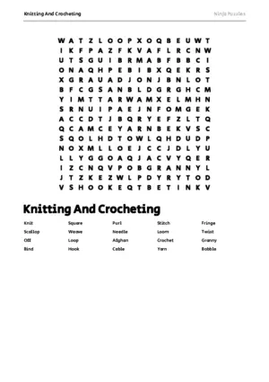 Free Printable Knitting And Crocheting themed Word Search Puzzle puzzle thumbnail