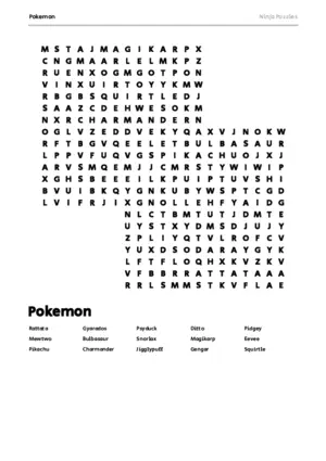 Free Printable Pokemon themed Word Search Puzzle puzzle thumbnail