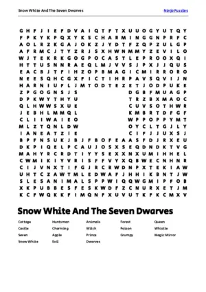 Free Printable Snow White And The Seven Dwarves themed Word Search Puzzle puzzle thumbnail