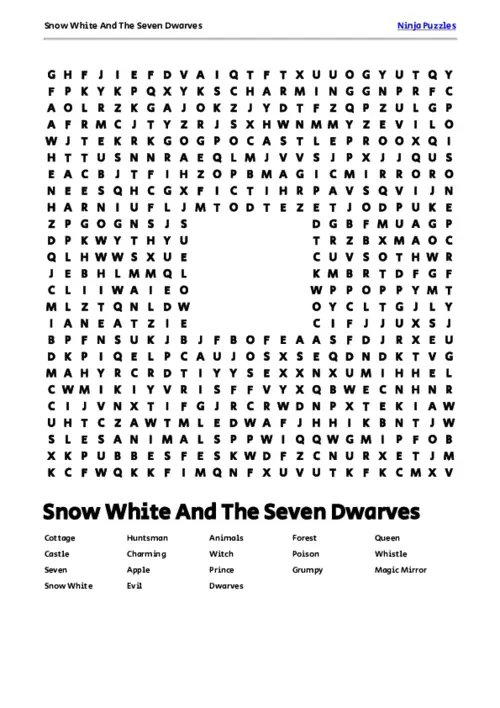 Free Printable Snow White And The Seven Dwarves themed Word Search Puzzle thumbnail