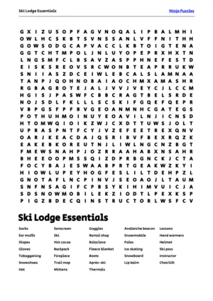 Free Printable Ski Lodge Essentials themed Word Search Puzzle puzzle thumbnail