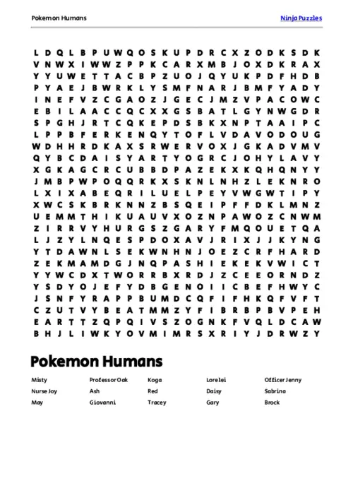 Free Printable Pokemon Humans themed Word Search Puzzle thumbnail