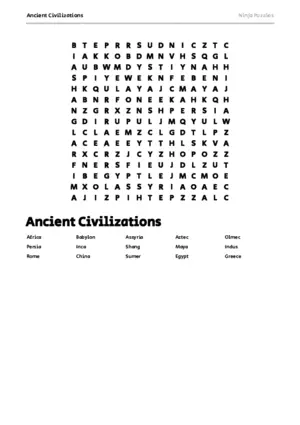 Free Printable Ancient Civilizations themed Word Search Puzzle puzzle thumbnail