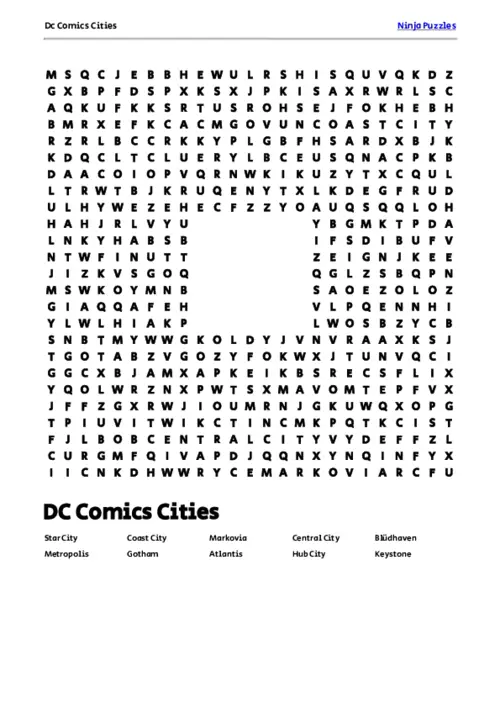 Free Printable DC Comics Cities themed Word Search Puzzle thumbnail