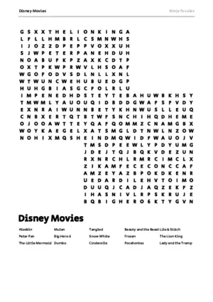 Free Printable Disney Movies themed Word Search Puzzle puzzle thumbnail