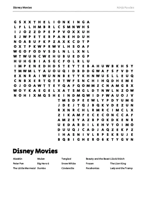 Free Printable Disney Movies themed Word Search Puzzle thumbnail