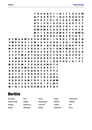 Free Printable Barbie themed Word Search Puzzle puzzle thumbnail
