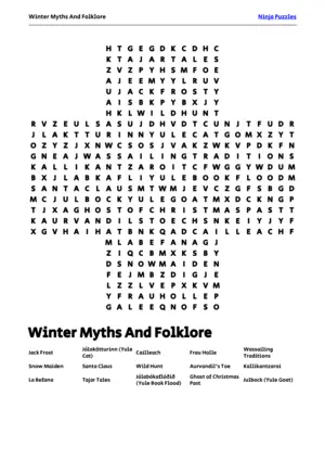 Free Printable Winter Myths And Folklore themed Word Search Puzzle puzzle thumbnail