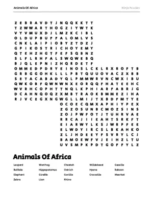 Free Printable Animals Of Africa themed Word Search Puzzle puzzle thumbnail