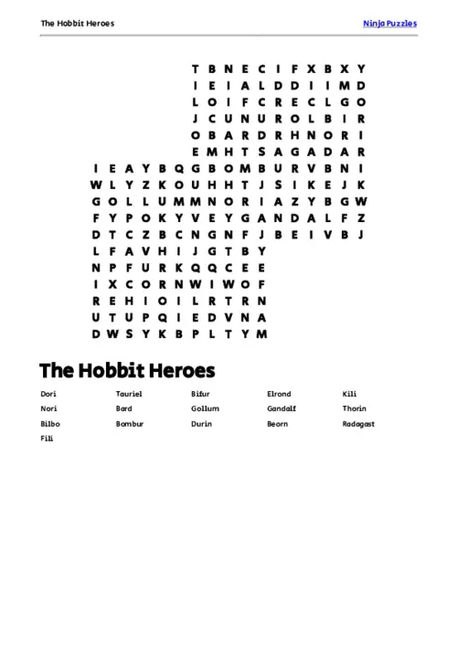 Free Printable The Hobbit Heroes themed Word Search Puzzle thumbnail