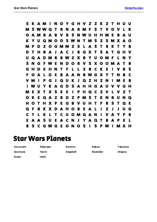 Free Printable Star Wars Planets themed Word Search Puzzle thumbnail