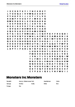 Free Printable Monsters Inc Monsters themed Word Search Puzzle puzzle thumbnail