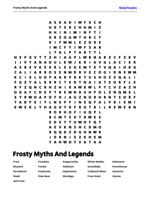 Free Printable Frosty Myths And Legends themed Word Search Puzzle thumbnail