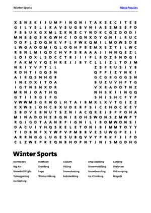 Free Printable Winter Sports themed Word Search Puzzle puzzle thumbnail