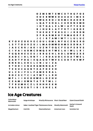 Free Printable Ice Age Creatures themed Word Search Puzzle puzzle thumbnail