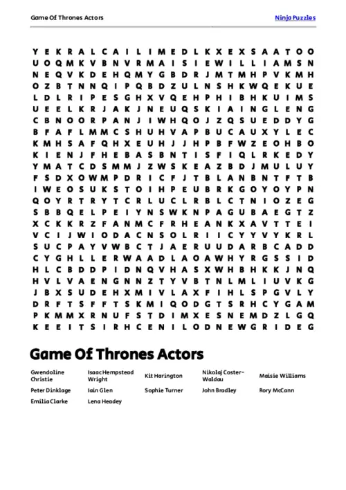 Free Printable Game Of Thrones Actors themed Word Search Puzzle thumbnail