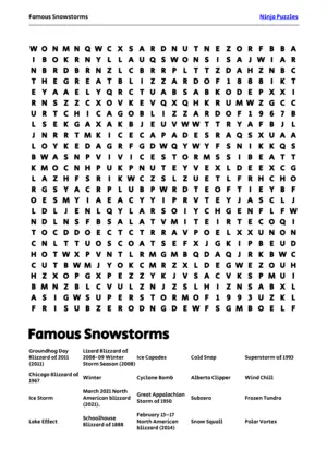 Free Printable Famous Snowstorms themed Word Search Puzzle puzzle thumbnail