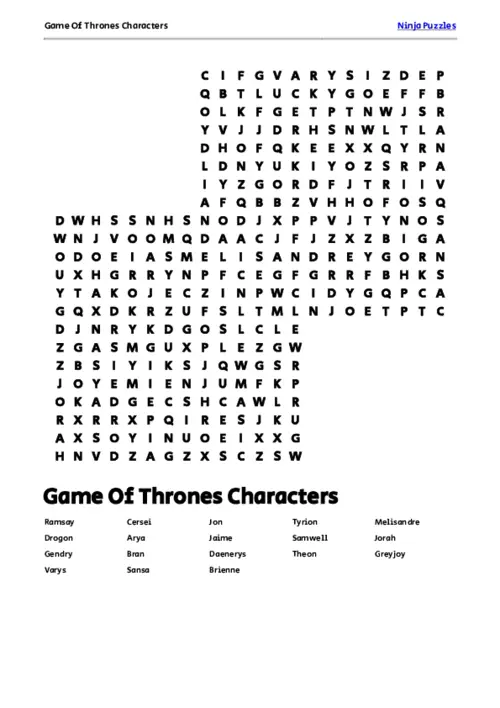 Free Printable Game Of Thrones Characters themed Word Search Puzzle