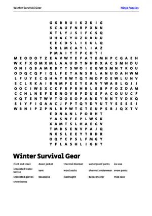 Free Printable Winter Survival Gear themed Word Search Puzzle puzzle thumbnail