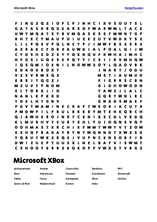 Free Printable Microsoft Xbox themed Word Search Puzzle thumbnail