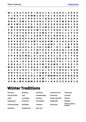 Free Printable Winter Traditions themed Word Search Puzzle puzzle thumbnail