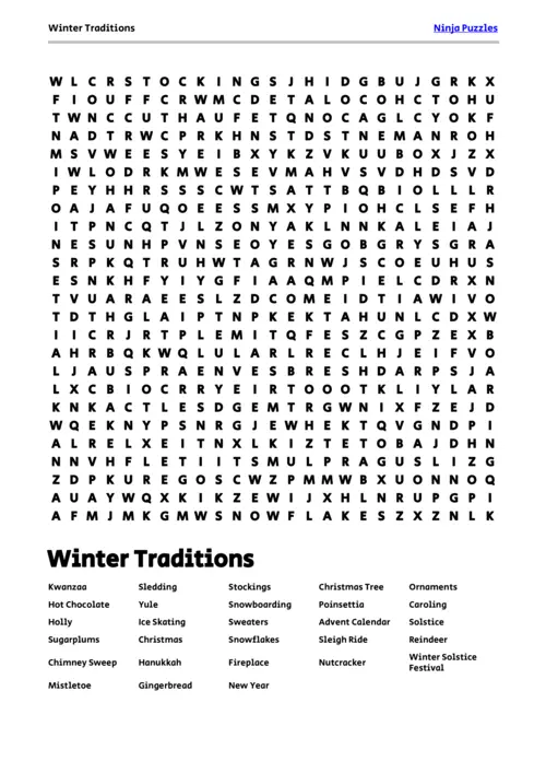 Free Printable Winter Traditions themed Word Search Puzzle thumbnail