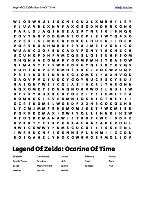 Free Printable Legend Of Zelda Ocarina Of Time themed Word Search Puzzle thumbnail
