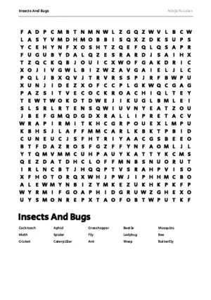 Free Printable Insects And Bugs themed Word Search Puzzle puzzle thumbnail