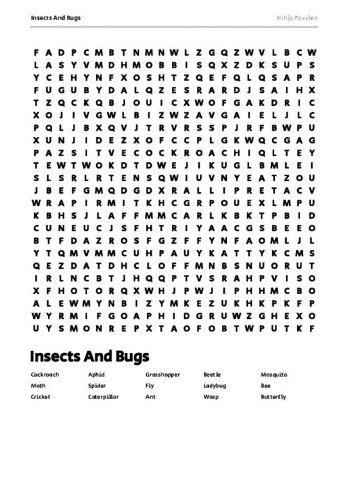 Free Printable Insects And Bugs themed Word Search Puzzle thumbnail