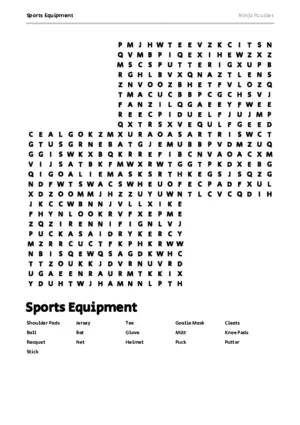 Free Printable Sports Equipment themed Word Search Puzzle puzzle thumbnail