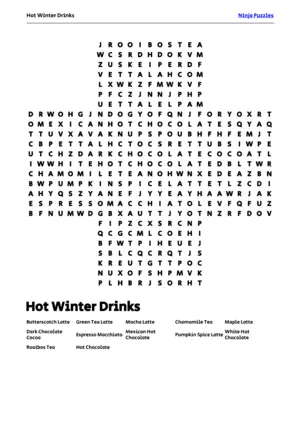 Free Printable Hot Winter Drinks themed Word Search Puzzle puzzle thumbnail