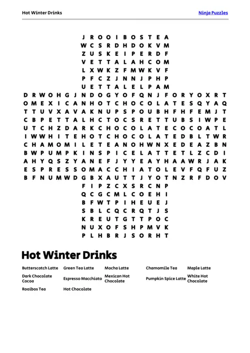 Free Printable Hot Winter Drinks themed Word Search Puzzle thumbnail