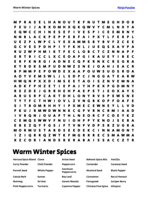 Free Printable Warm Winter Spices themed Word Search Puzzle puzzle thumbnail