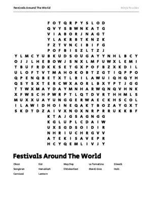Free Printable Festivals Around The World themed Word Search Puzzle puzzle thumbnail