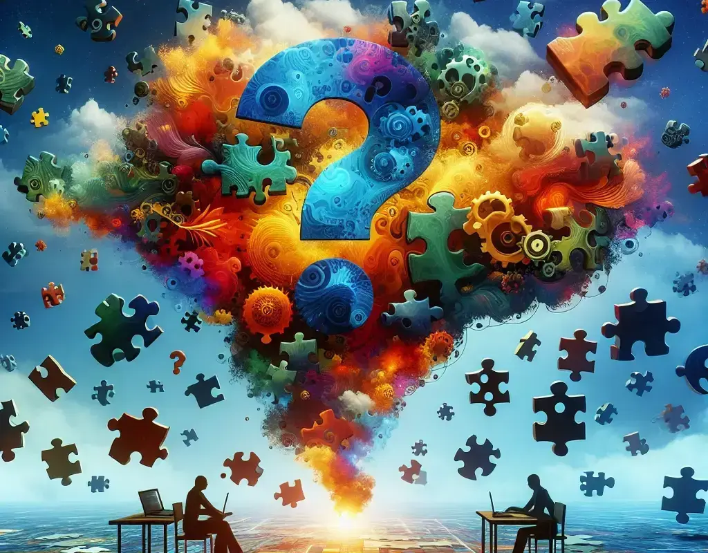 An abstract image representing 2 people trying to solve complex puzzles