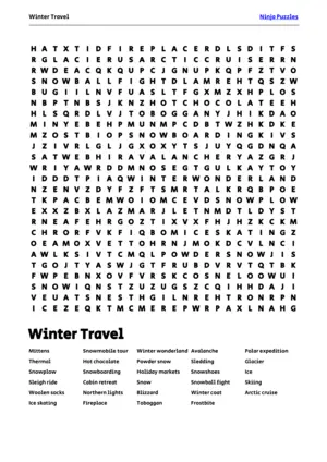 Free Printable Winter Travel themed Word Search Puzzle puzzle thumbnail