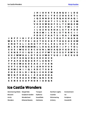 Free Printable Ice Castle Wonders themed Word Search Puzzle puzzle thumbnail