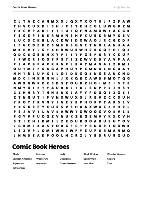 Free Printable Comic Book Heroes themed Word Search Puzzle thumbnail