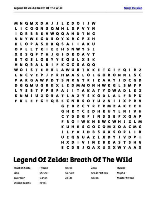Free Printable Legend Of Zelda Breath Of The Wild themed Word Search Puzzle thumbnail