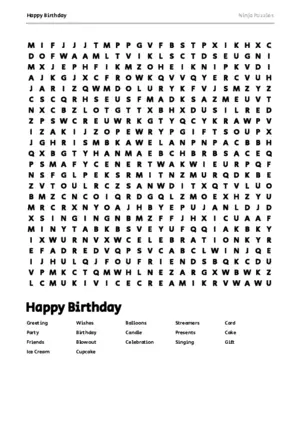 Free Printable Happy Birthday themed Word Search Puzzle puzzle thumbnail
