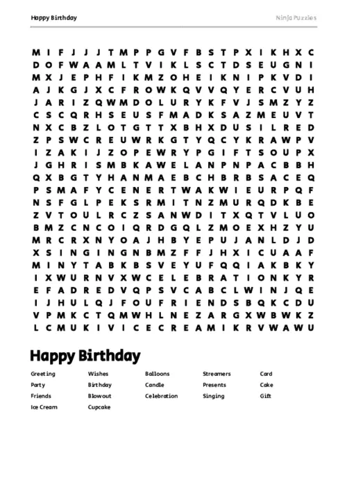 Free Printable Happy Birthday themed Word Search Puzzle thumbnail