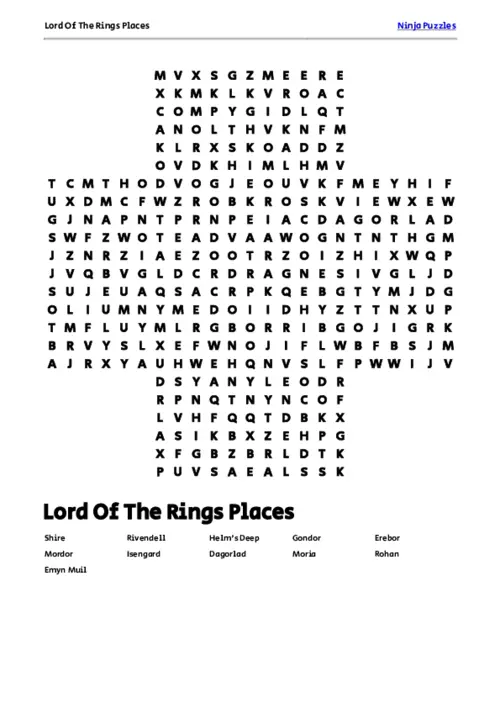 Free Printable Lord Of The Rings Places themed Word Search Puzzle thumbnail