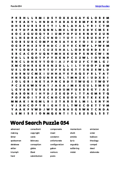 Free Printable Puzzle 054 themed Word Search Puzzle thumbnail