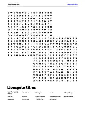Free Printable Lionsgate Films themed Word Search Puzzle puzzle thumbnail