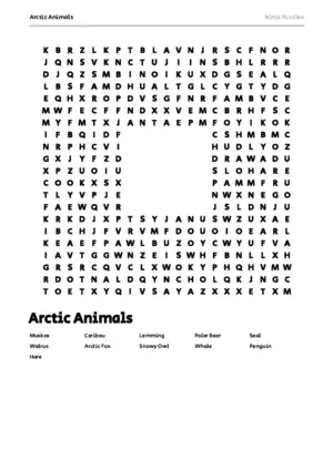 Free Printable Arctic Animals themed Word Search Puzzle puzzle thumbnail